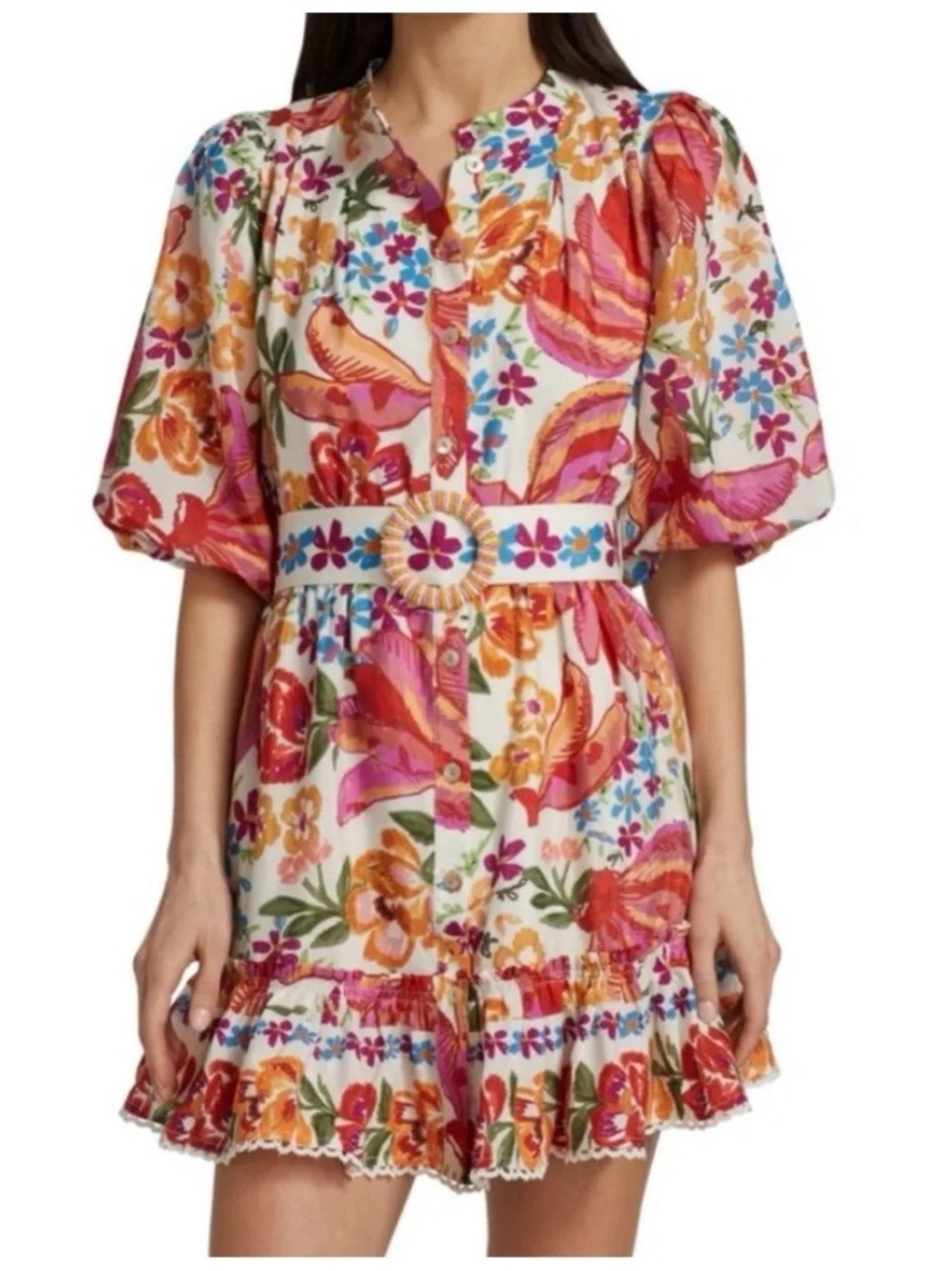 FARM Rio Floral Puff-Sleeve Mini Dress with Belt